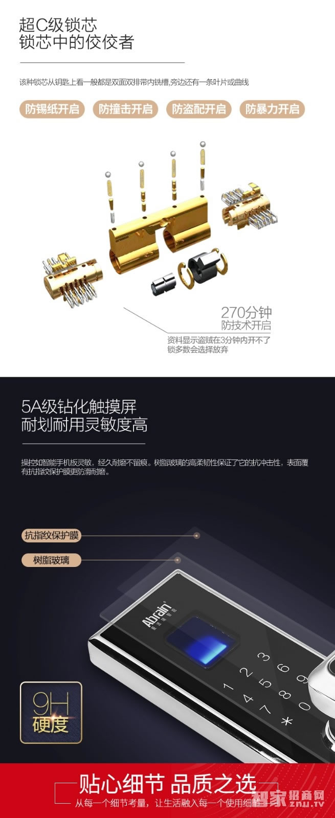 爱波瑞Abrain智能锁 全不锈钢超薄指纹密码锁
