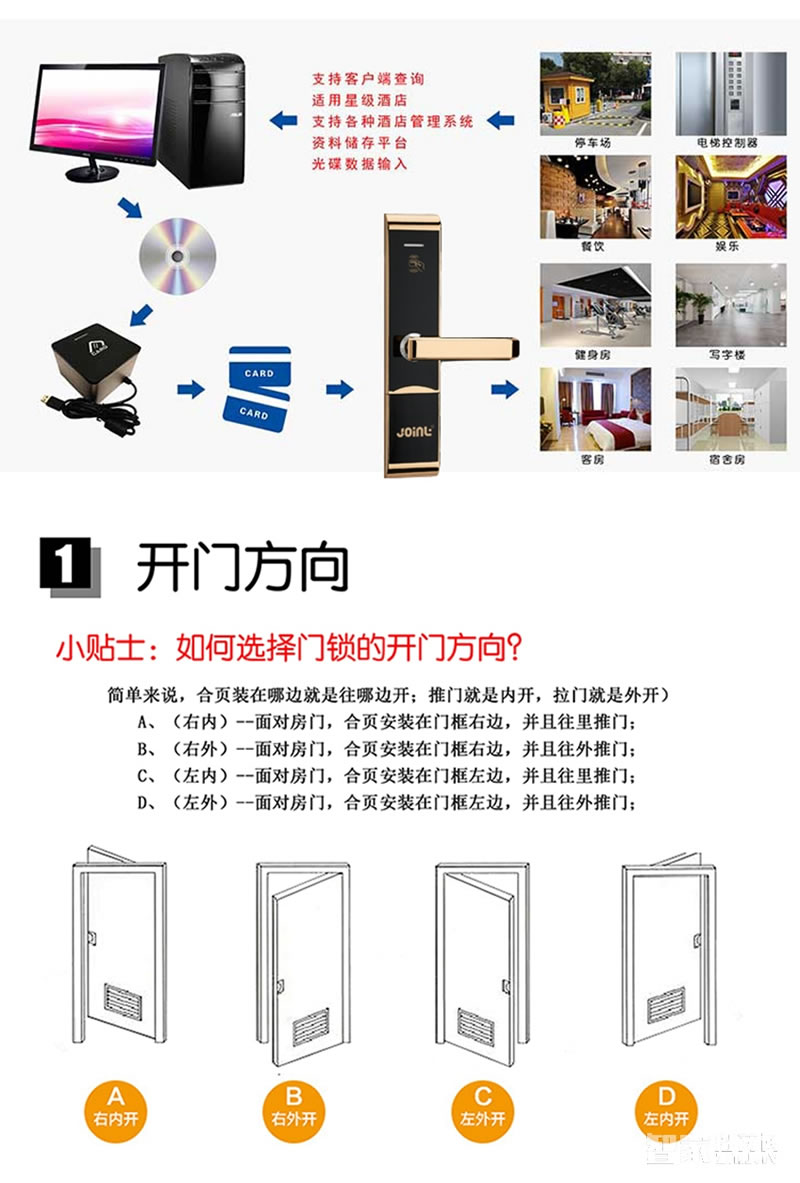 佳因特酒店锁亮金两种开门方式、防火锁体