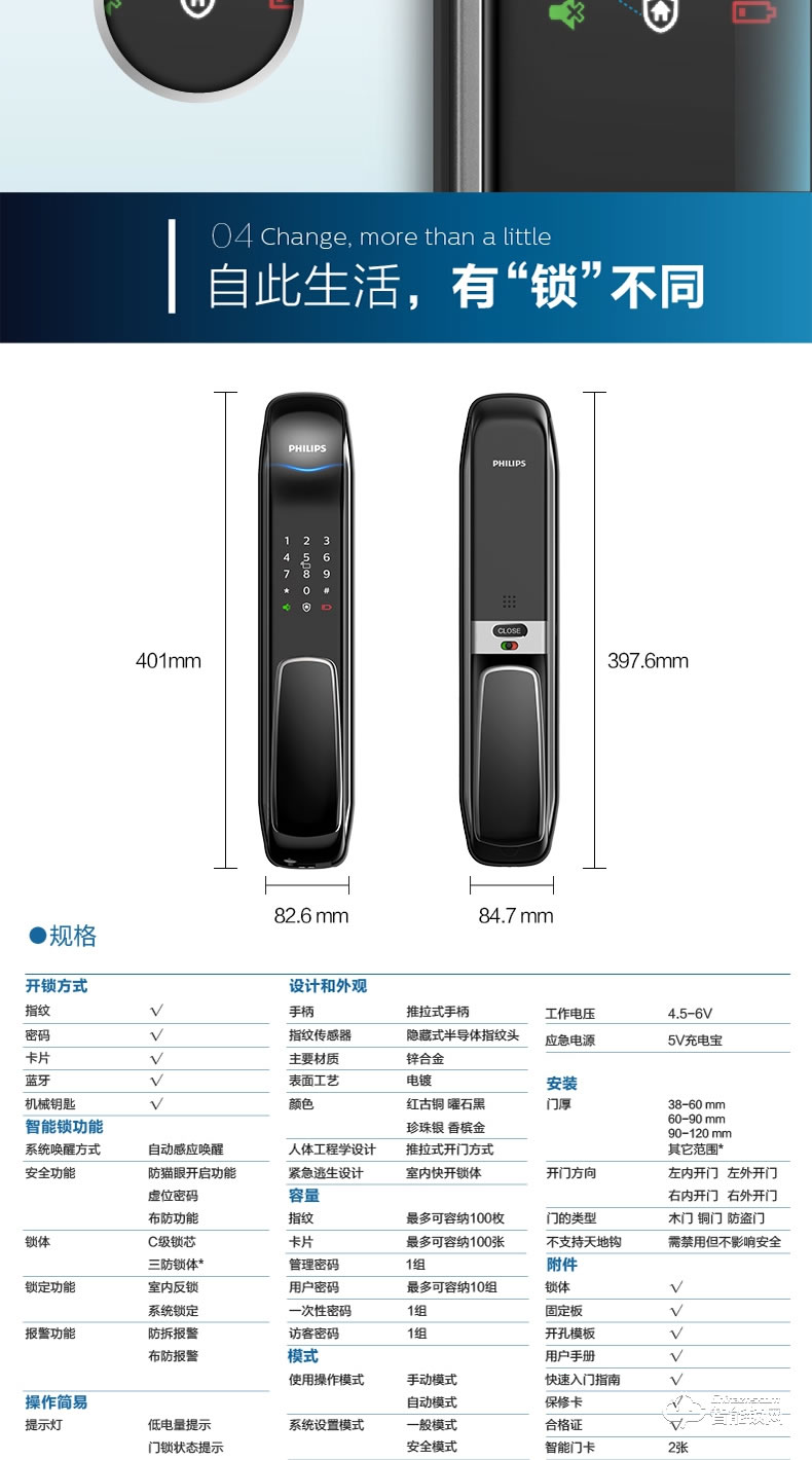飞利浦智能锁 9100推拉式家用防盗门指纹密码锁