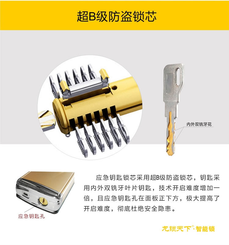 龙锁天下锌合金直板指纹锁 游离把手智能锁