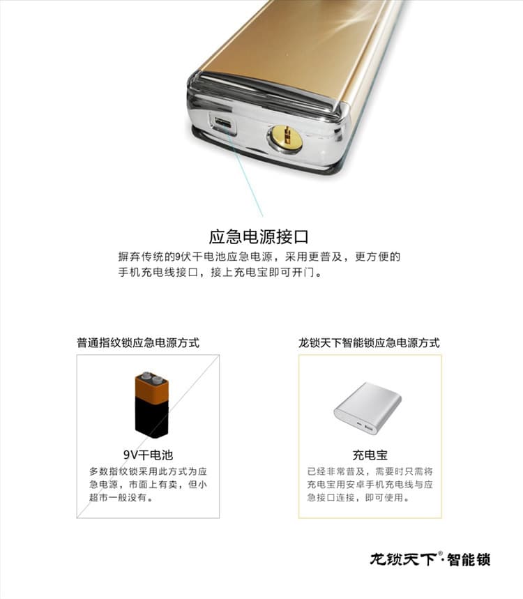龙锁天下锌合金直板指纹锁 游离把手智能锁