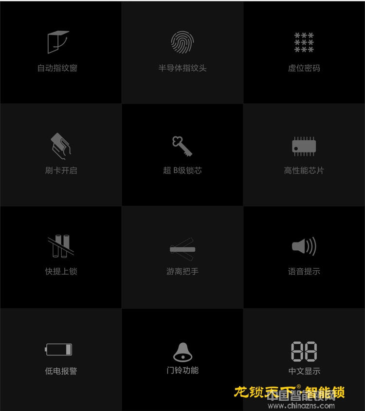 龙锁天下双曲面触摸屏智能锁 指纹密码防盗锁
