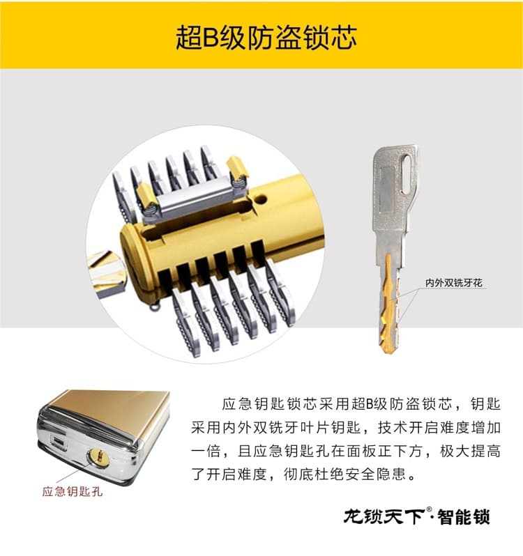 龙锁天下双曲面触摸屏智能锁 指纹密码防盗锁