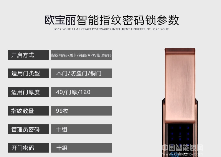 欧宝丽智能锁 滑盖AI智能锁密码指纹锁 远程控制智能锁