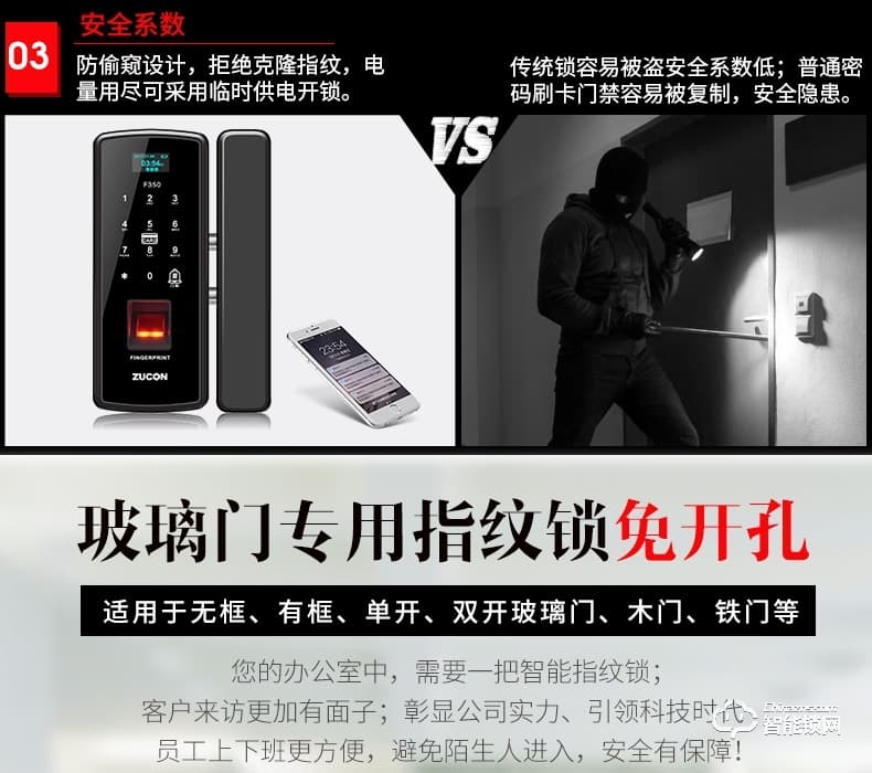 祖程智能锁 办公室玻璃门免开孔智能锁