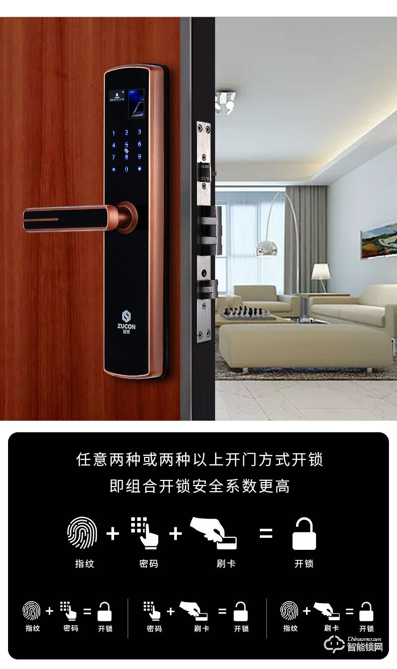 祖程智能锁 家用防盗门指纹密码刷卡锁
