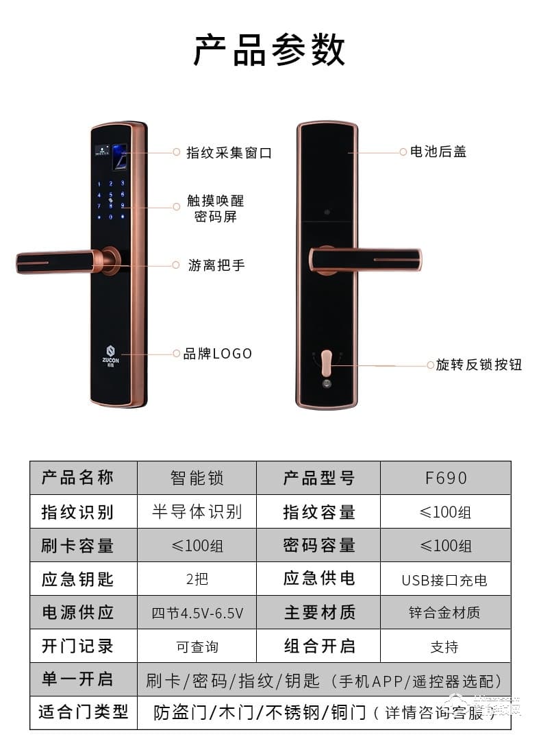 祖程智能锁 家用防盗门指纹密码刷卡锁