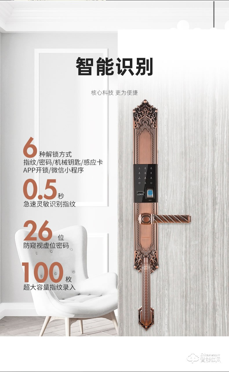 乐肯智能锁 6609-L欧式古典大拉手智能门锁