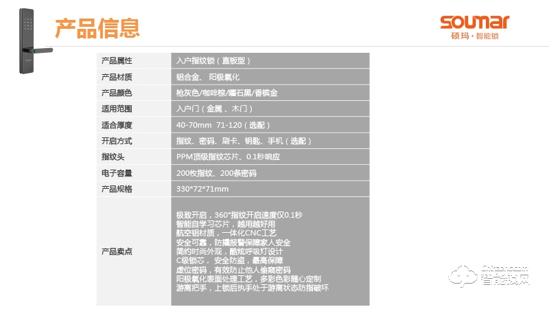 硕贝德智能锁 SF08入户指纹锁（直板型）