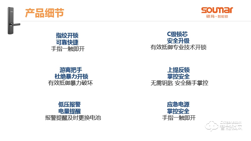 硕贝德智能锁 SF22上提反锁 游离把手直板智能锁