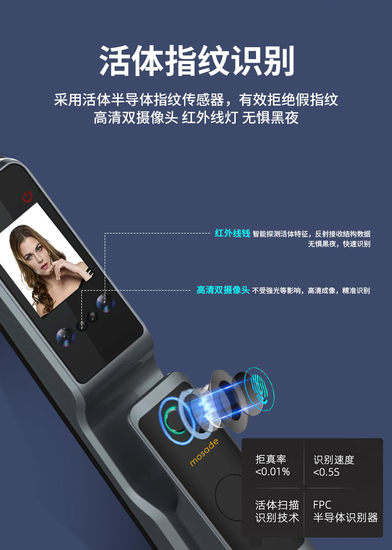 摩萨迪智能锁 MLFACE-009全自动人脸指纹锁密码锁