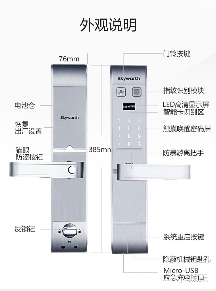 创维智能锁 S1防盗门智能锁酒店门锁电子门锁