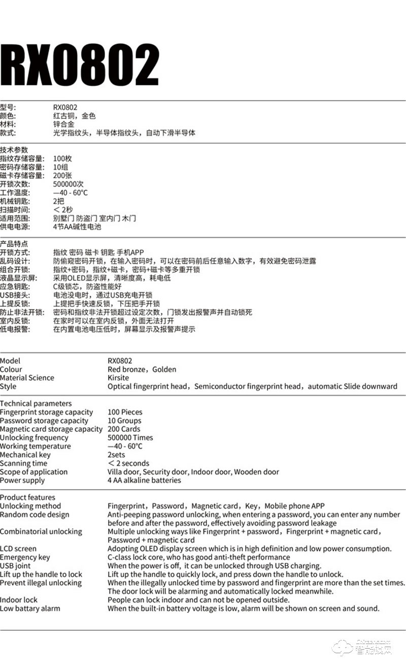 CK智能锁 RX0802防盗门木门智能门锁