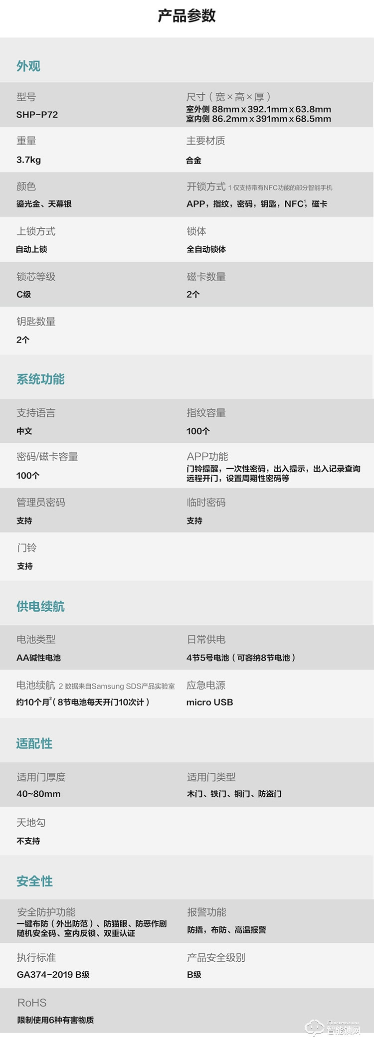 三星智能锁 SHP-P72家用防盗门锁智能锁