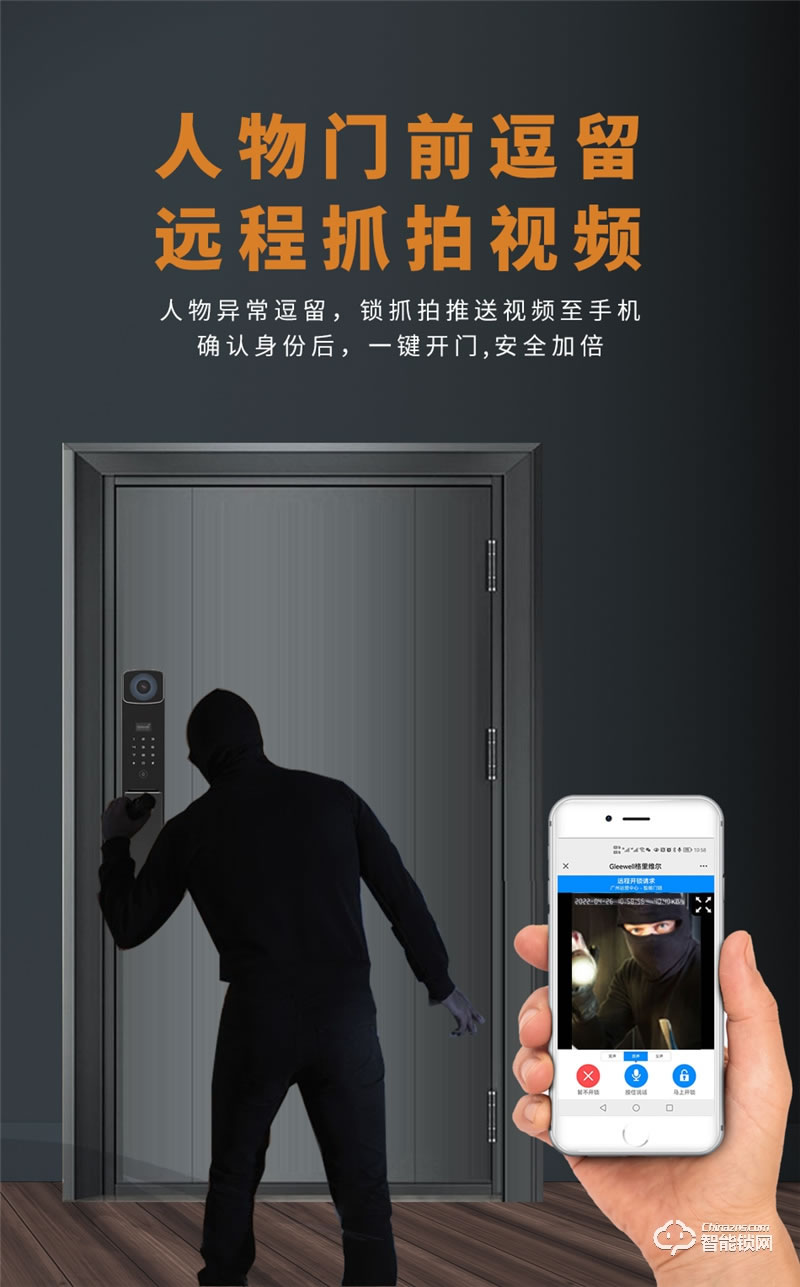 格里维尔畅享H2全自动猫眼指纹锁 智能远程可视对讲
